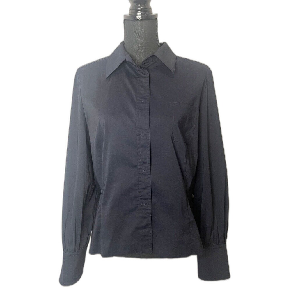 Talbots Collection Stretch Women's Hidden Snap Long Sleeve Top Blouse Navy 14‎